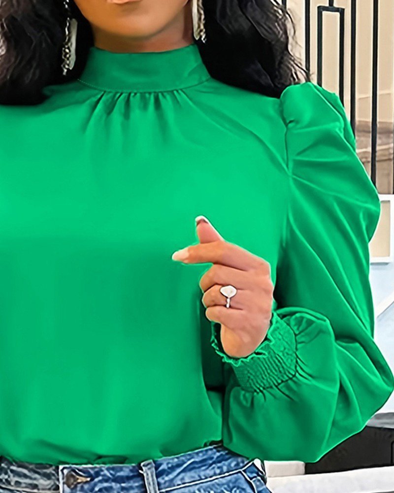 Women's Long Sleeve Turtle Neck Tie-Back Balloon Shoulder Imported Crepe Blouse
