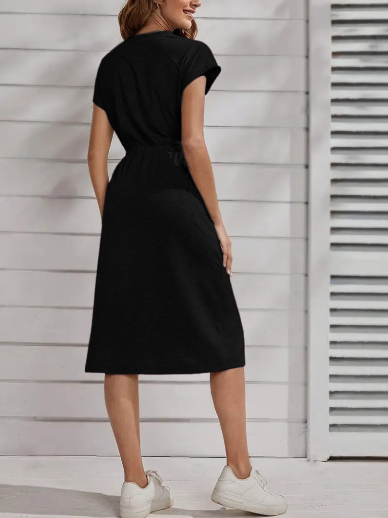 Women's Short Sleeve Crew Neck Elastic Waist Midi Viscose Dress