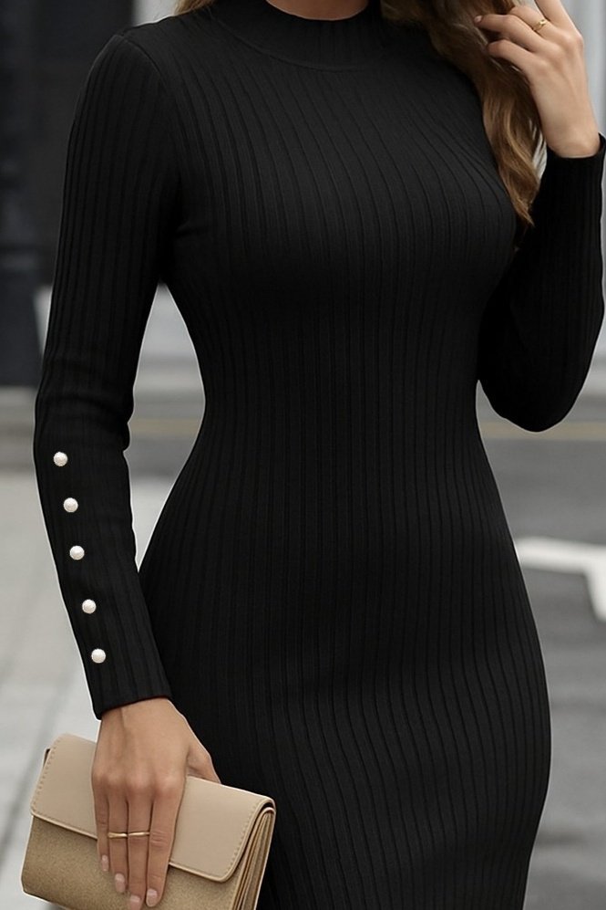 Women's Long Sleeve Mock Neck Ribbed Dress with Button Detail on Sleeves, Short, Brushed