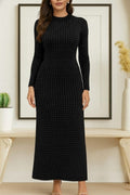 Women's Long Sleeve Crew Neck Stone Embellished Velvet Midi Dress