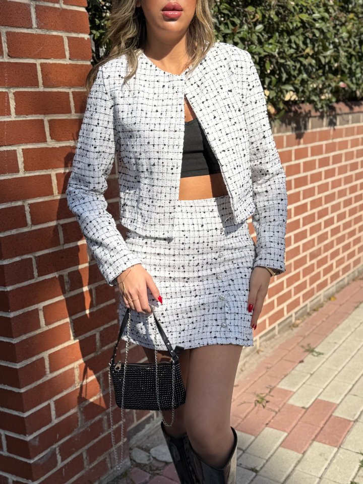 Women's Long Sleeve Open Front Button Detail Woven Jacket and Skirt Two-Piece Set