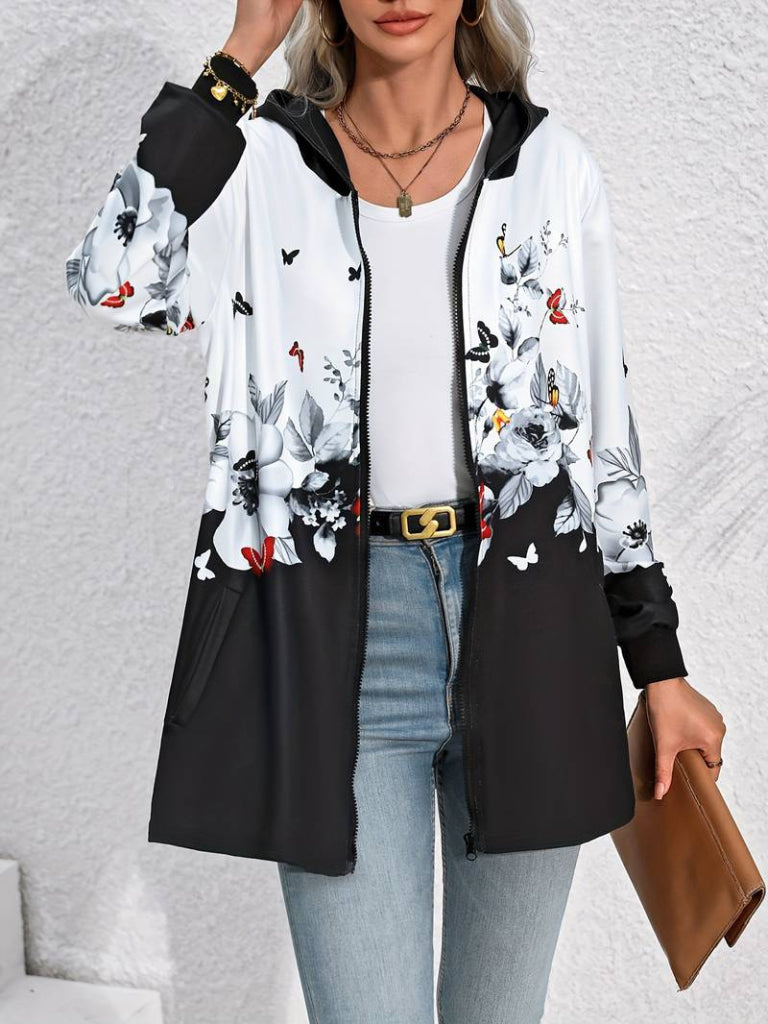 Women's Long Sleeve Hooded Zippered Floral-Butterfly Patterned Brushed Scuba Jacket