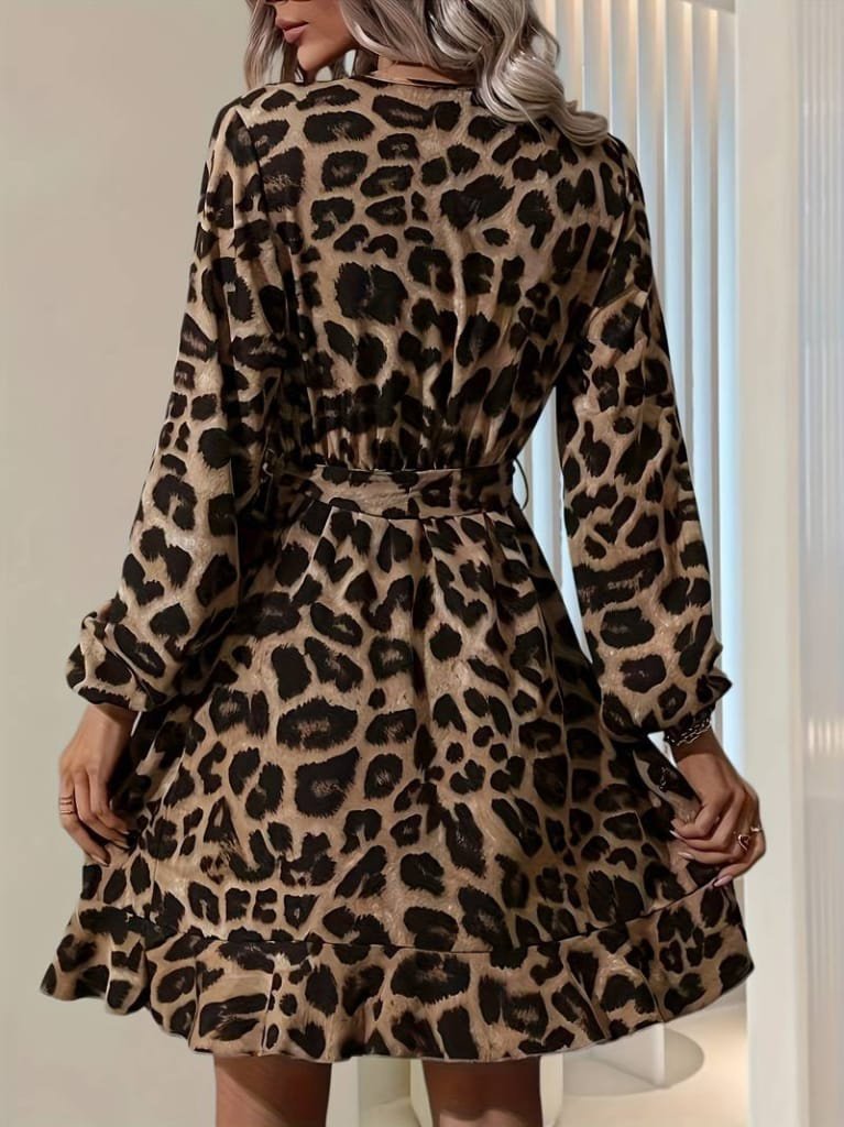 Women's Long Sleeve Wrap V-Neck Belted Crossover Cutout Leopard Modal Mini Dress