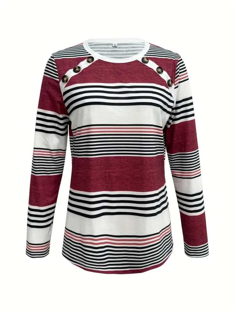 Women's Long Sleeve Crew Neck Button Detail Patterned Suprem Blouse