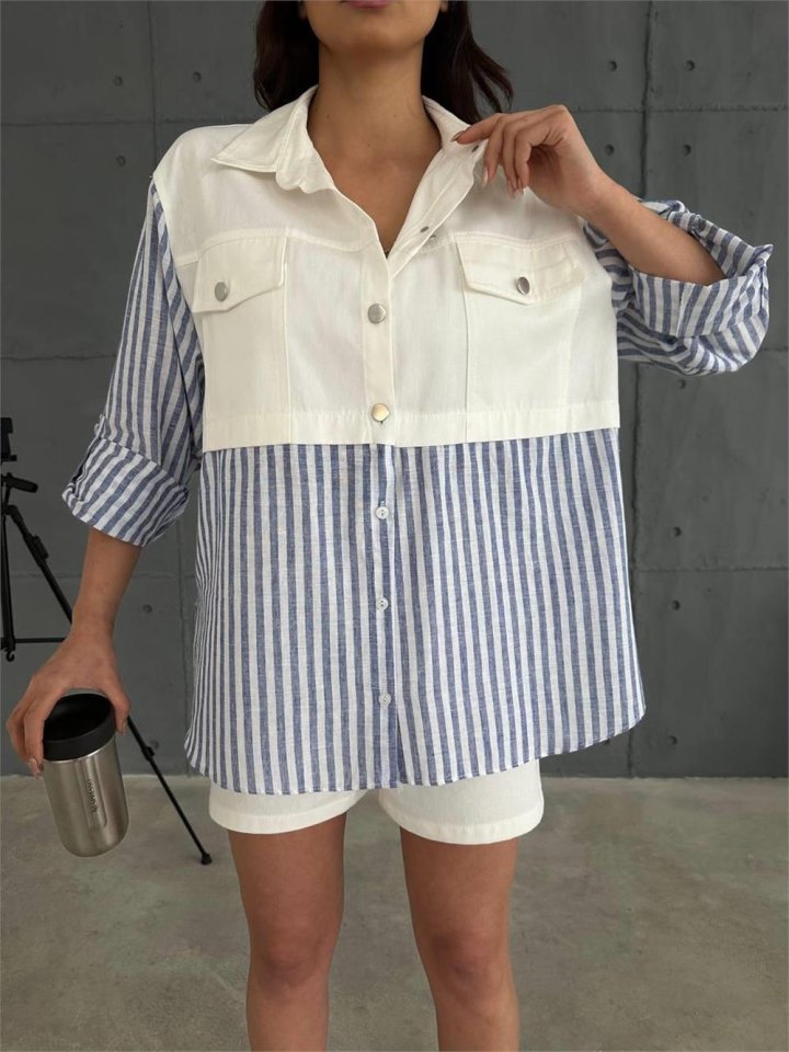 GABARDINE SHORTS - GABARDINE - STRIPED LINEN TRIMMED JACKET SUIT - Navy Blue