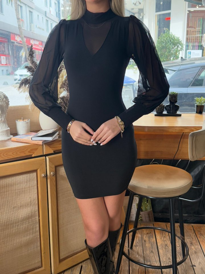 Women's Turtleneck Transparent Detail Discount Product Sandy Fabric Mini Dress