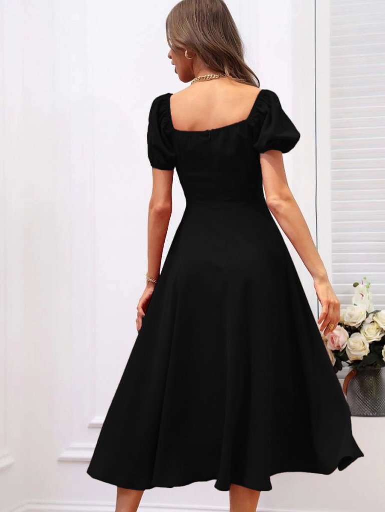 Women's Short Sleeve Square Neck Slit Midi Crepe Dress