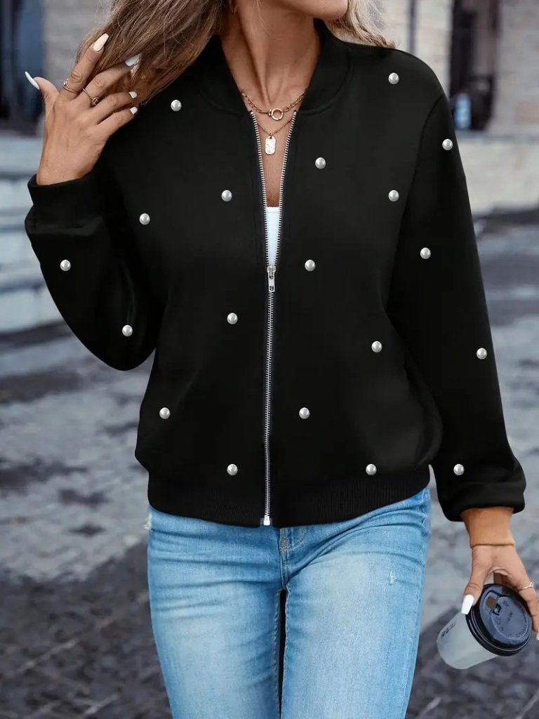Women's Long Sleeve Front Zip Pearly Short Modal Jacket