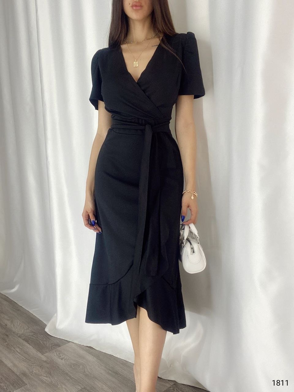 Women's Double-Breasted Midi Crepe Dress with Belt 120 cm