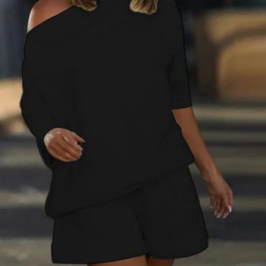 Women's Boat Neck Loose Two-Thread Blouse and Shorts Two-Piece Set