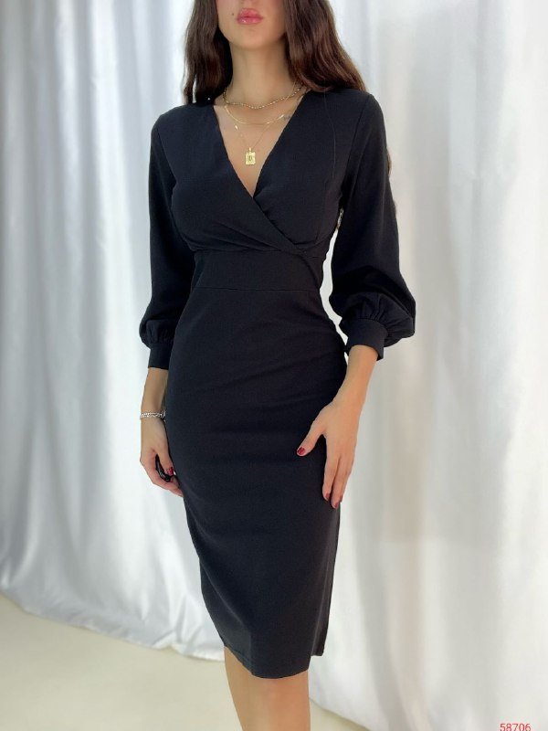 Women's Crossover Neck Balloon Sleeve Midi Dress