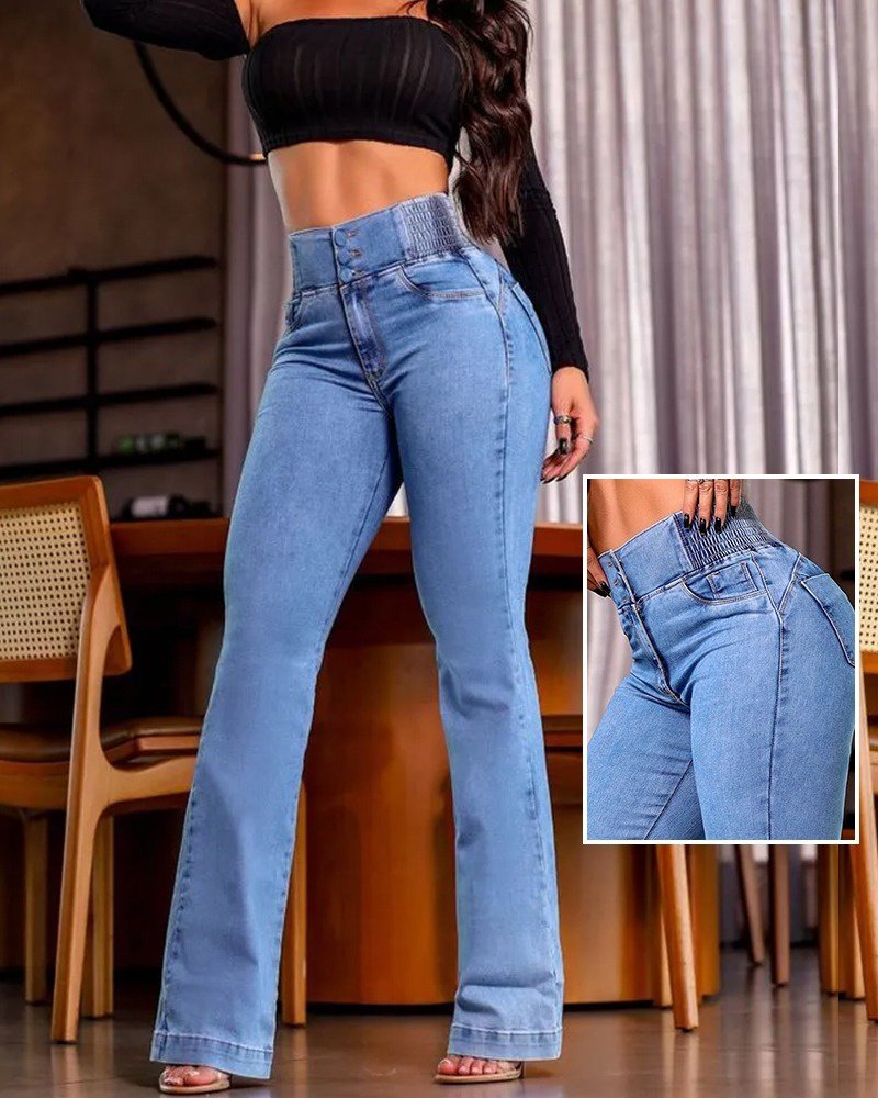 Women's High Waist Elasticated Sides Button Front Jeans
