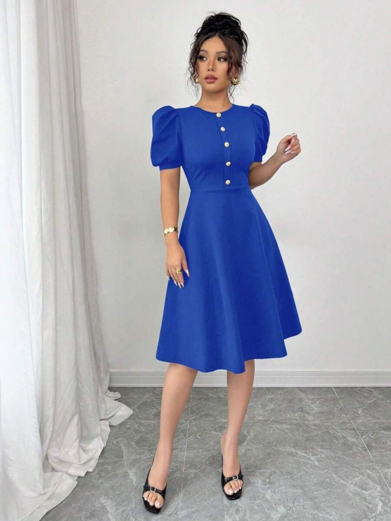 Women's Short Sleeve Crew Neck Button-Front Imported Crepe Dress