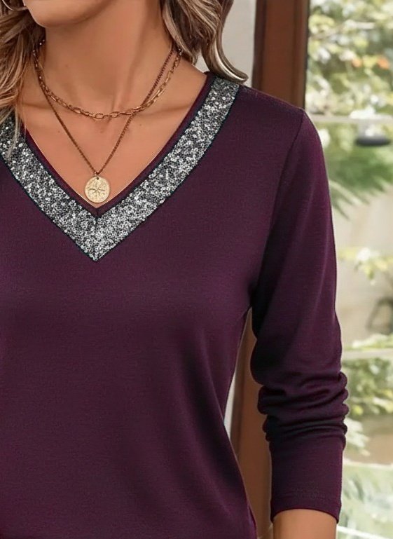 Women's Long Sleeve V-Neck Sequin Viscose Plum Blouse