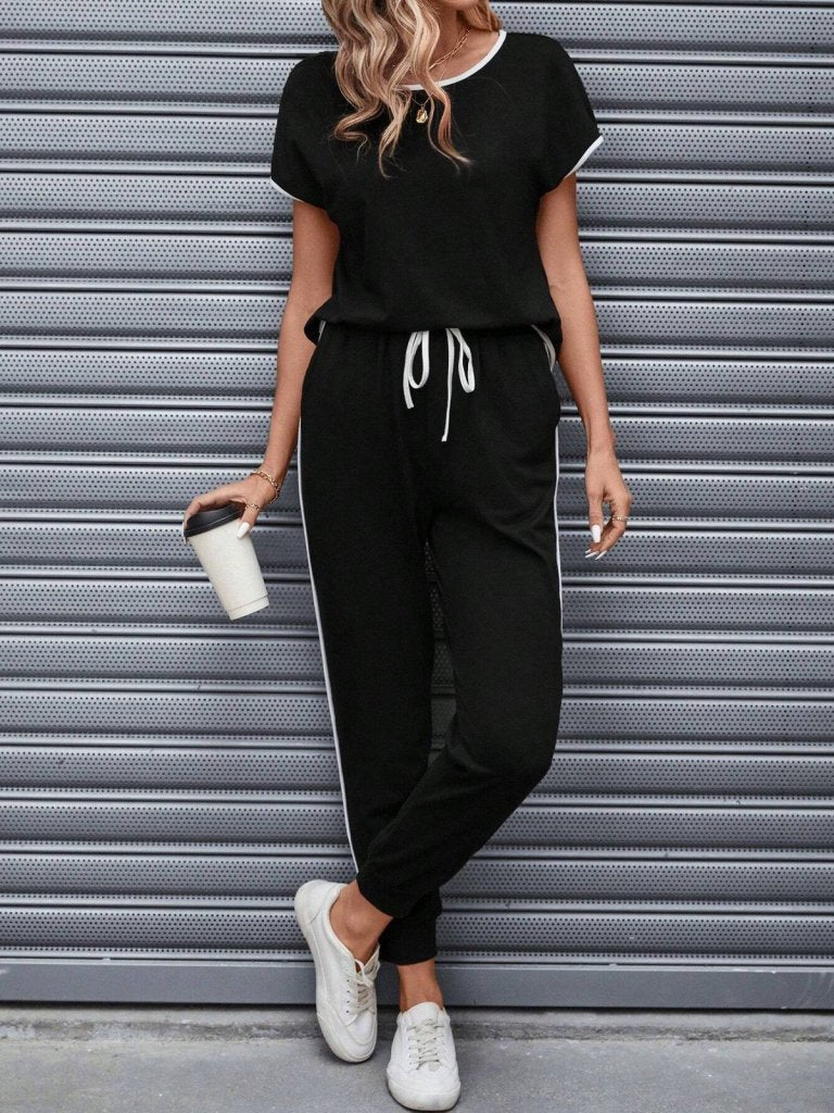 Women's Short-Sleeve Boat Neck Viscose Two-Thread Blouse and Tie-Waist Pants Two-Piece Set