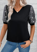 Women's Short Sleeve V-Neck Sequin Embellished Viscose Blouse