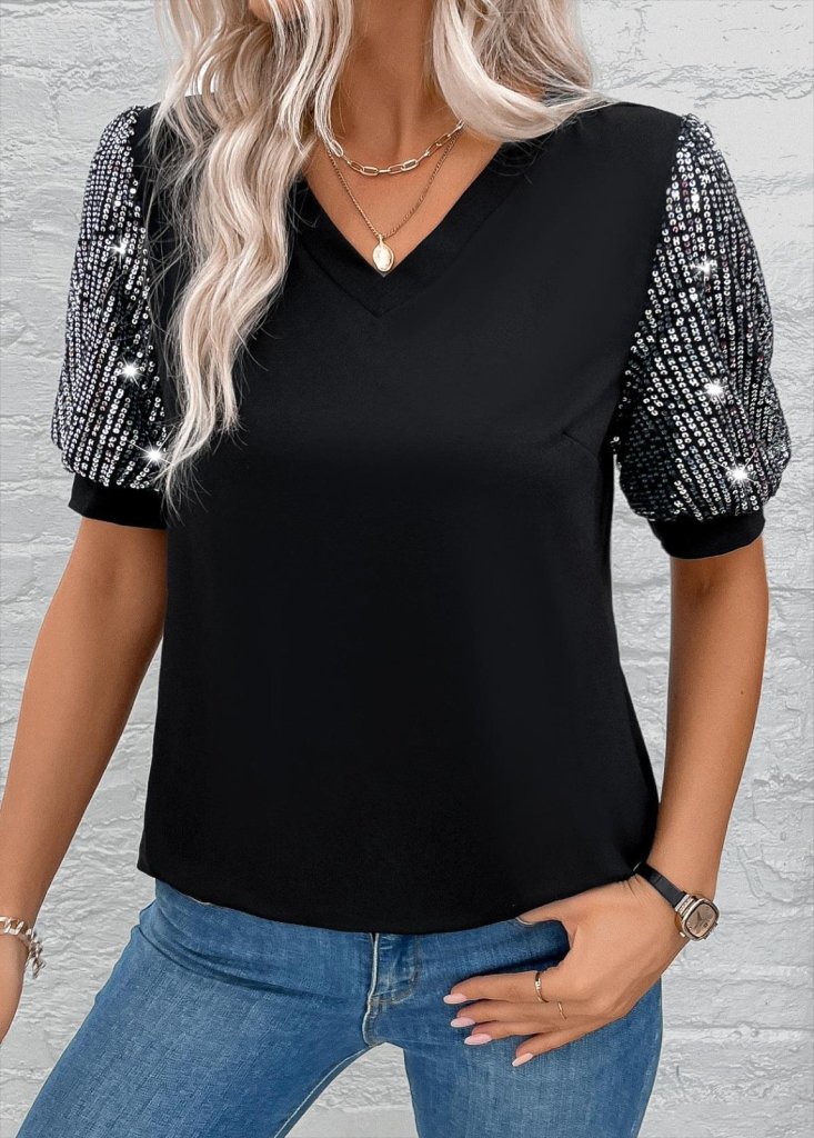 Women's Short Sleeve V-Neck Sequin Embellished Viscose Blouse
