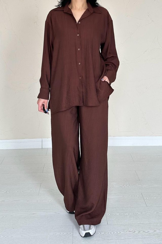 Brown Alice Shirt and Wide-Leg Pants Set