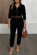 Women's Long-Sleeved Zip-Front Crop Velvet Jacket and Pants Two-Piece Set