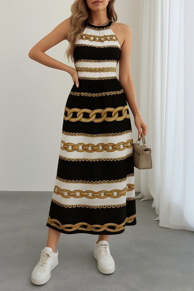 Women's Sleeveless Halterneck Elastic Waist Digital Print Supre Long Dress
