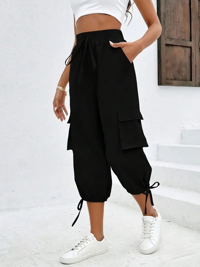 Women's High Waist Elasticated Waist Drawstring Pocketed Cargo Viscose Two-Thread Trousers
