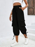 Women's High Waist Elasticated Waist Drawstring Pocketed Cargo Viscose Two-Thread Trousers