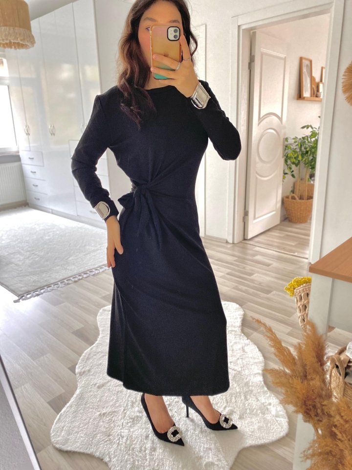 Women's Long Sleeve Crew Neck Cross-Tie Waist Side Slit Long Viscose Two-Thread Dress