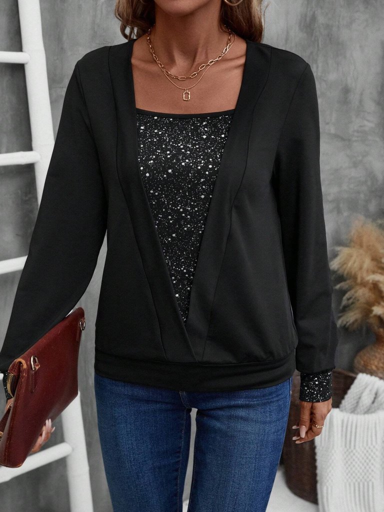 Women's Long Sleeve V-Neck Blouse with Inner Jersey Pattern and Outer Viscose