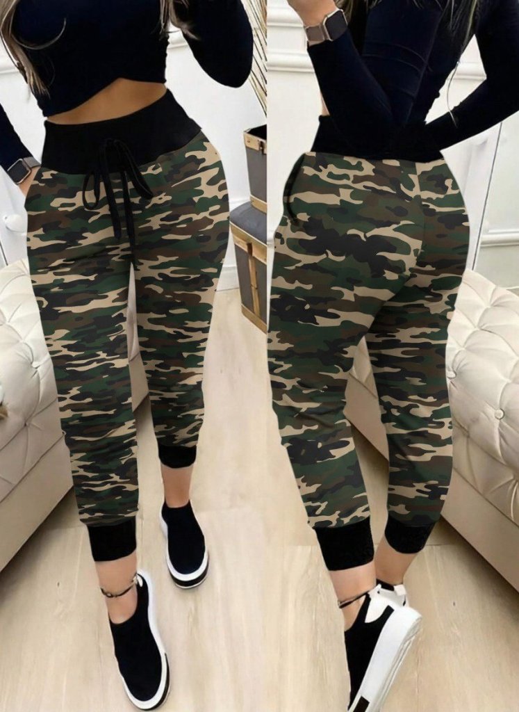 Women's High-Waisted Lace-Up Patterned Two-Thread Trousers