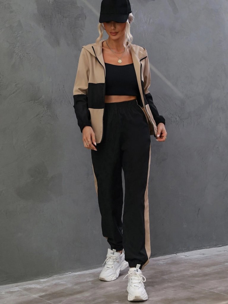 Women's Long Sleeve Hooded Front Zip Viscose Two Thread Blouse and Trousers Two-Piece Set