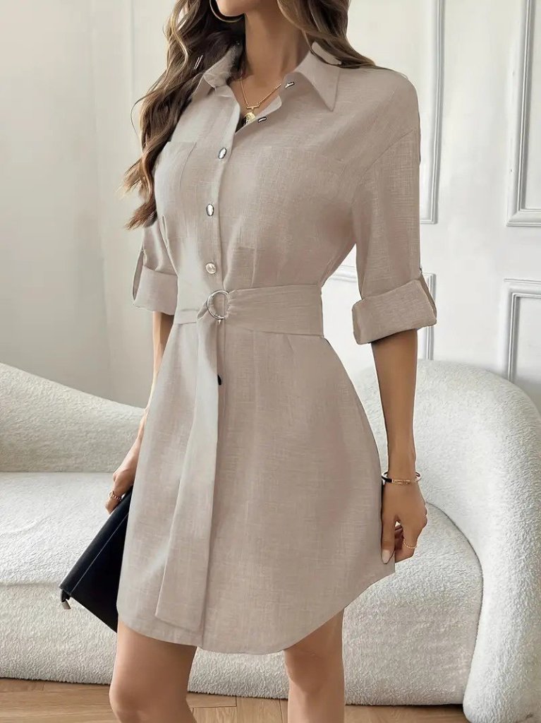 Women's Long Sleeve Collared Button-Front Belted Mini Imported Linen Dress
