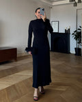 Women's Long-Sleeved Turtleneck Long Crepe Dress with Feather Detail on Cuffs