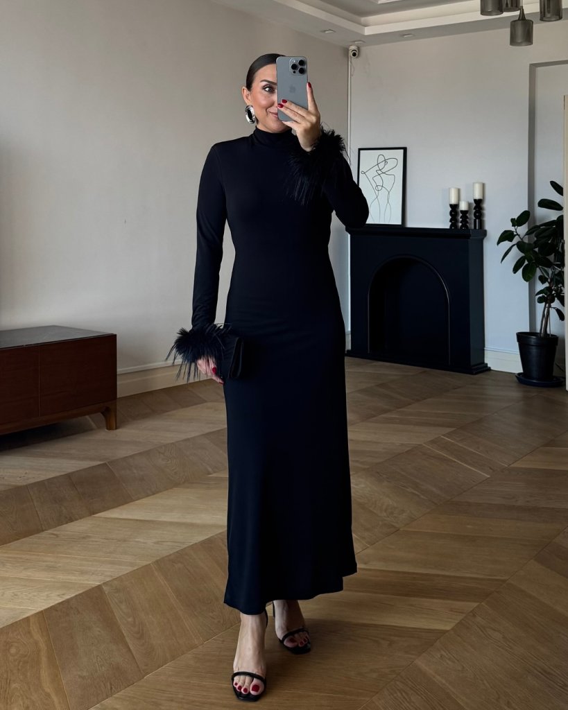 Women's Long-Sleeved Turtleneck Long Crepe Dress with Feather Detail on Cuffs