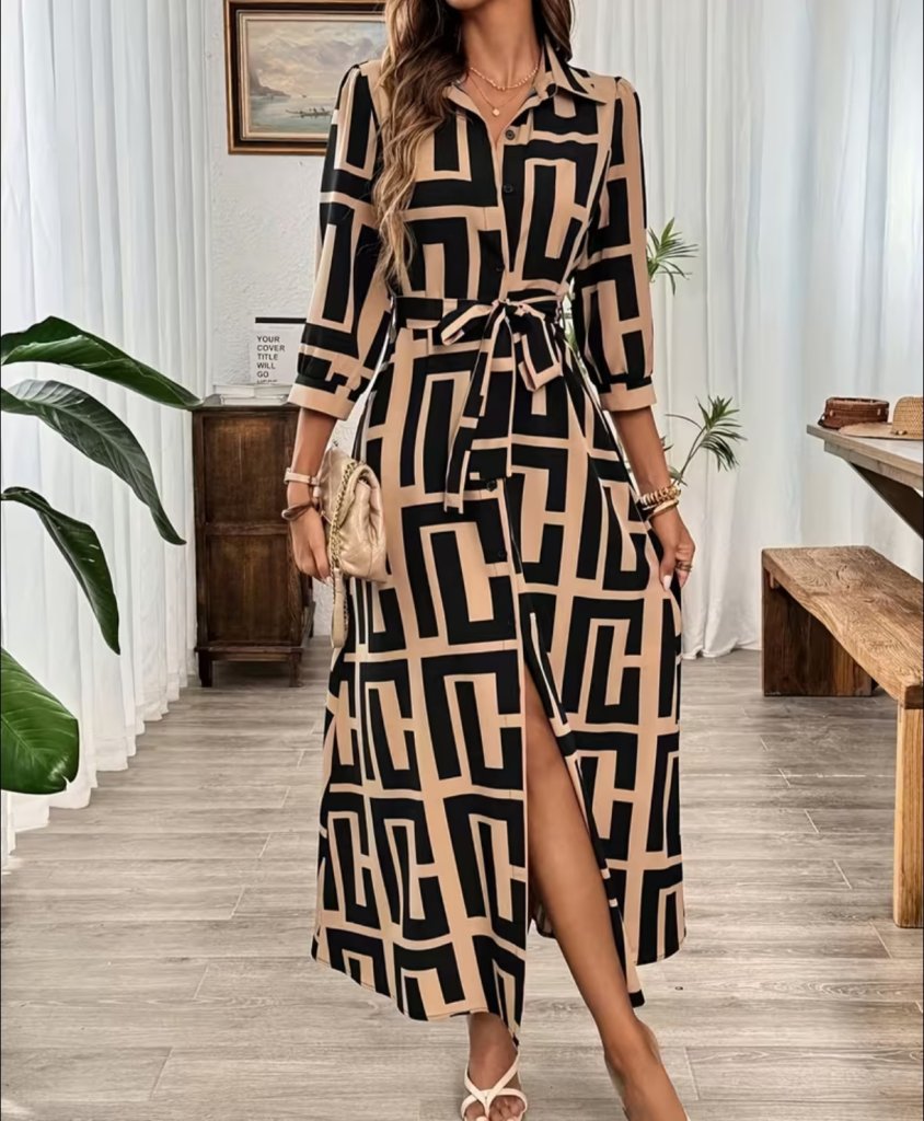 Women's Long Sleeve Collared Button-Front Long Supreme Dress
