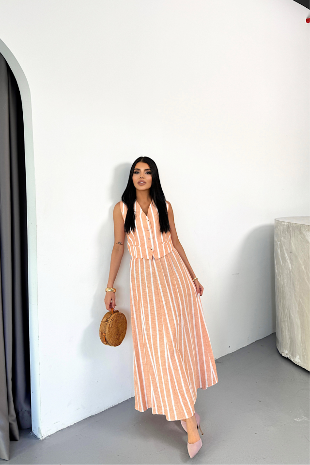 LINEN STRIPED VEST - LONG SKIRT SET - Orange