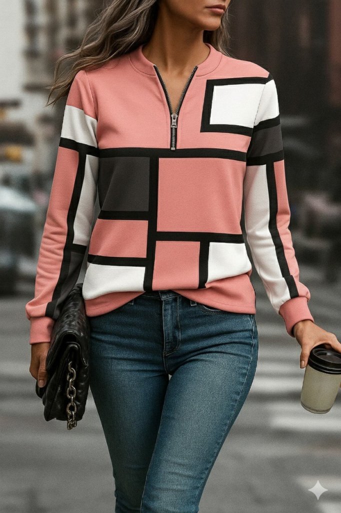Women's Long-Sleeve Patterned Scuba Blouse with Quarter-Zip Collar