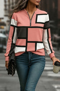 Women's Long-Sleeve Patterned Scuba Blouse with Quarter-Zip Collar