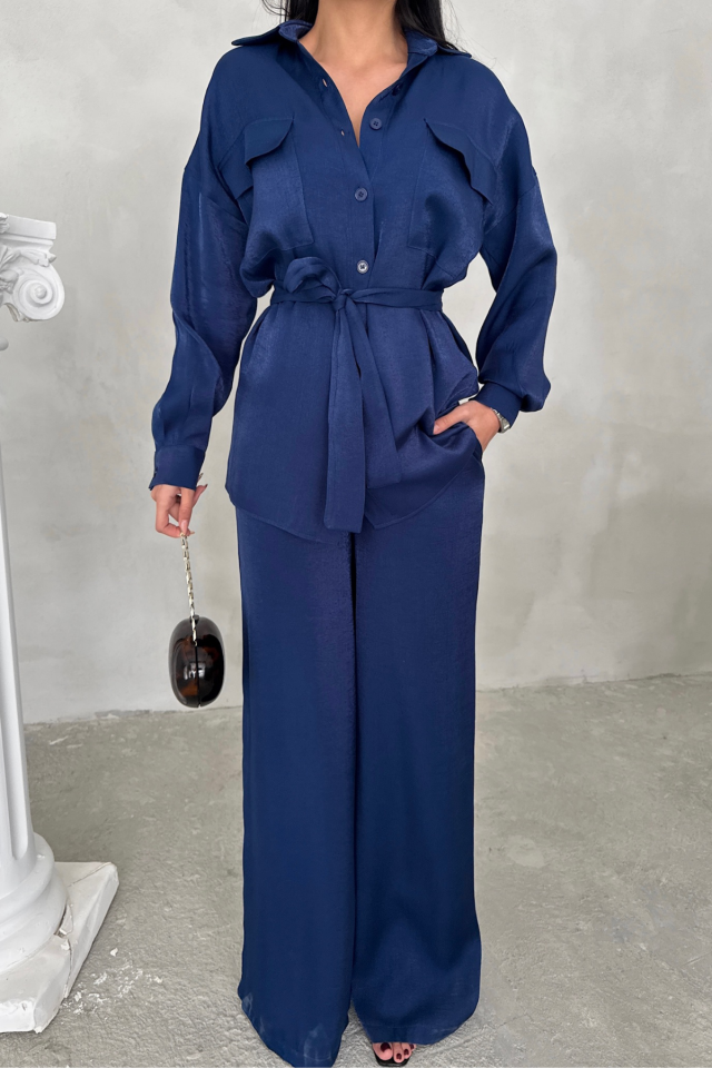 SHIMMER FABRIC RELAXED FIT PANT AND SHIRT SET - Navy