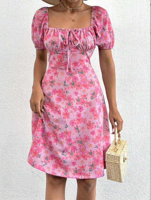 Women's Short-Sleeve Mini Floral Print Lace Detail Interlock Knit Midi Dress
