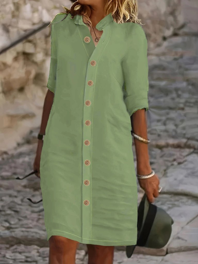 Women's Short Sleeve Mandarin Collar Button-Front Short Muslim Dress