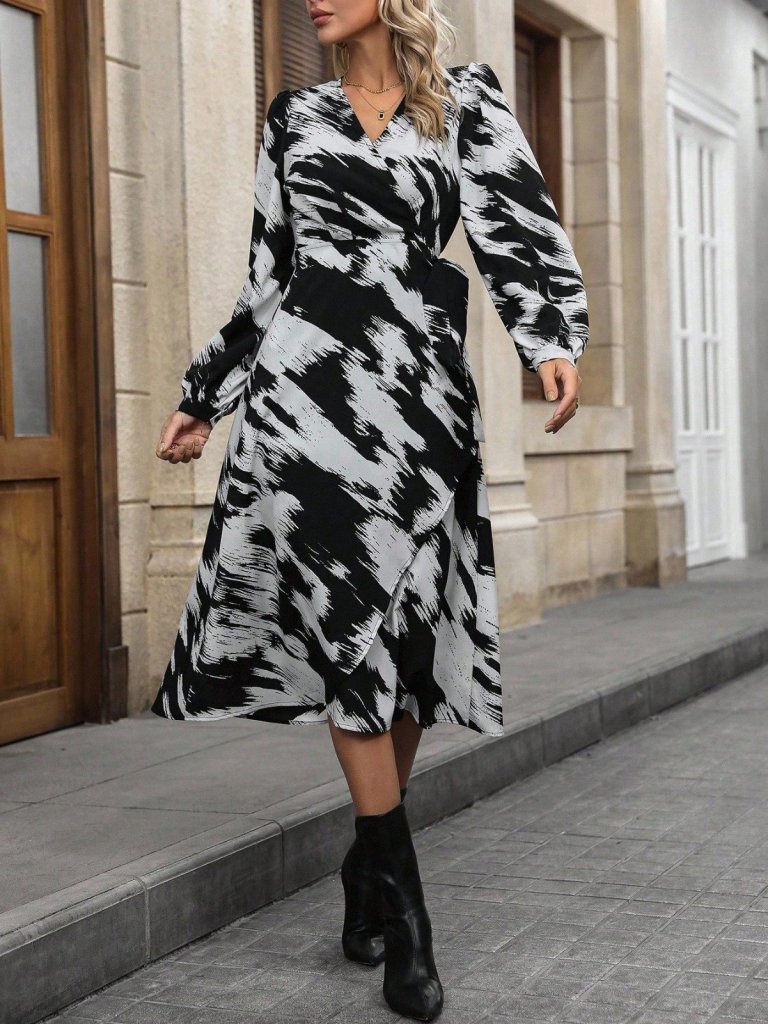 Women's Long Sleeve Wrap V-Neck Side Tie Patterned Mini Modal Dress
