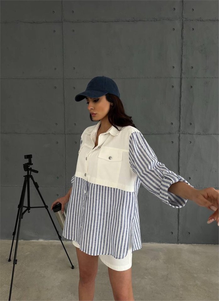 GABARDINE SHORTS - GABARDINE - STRIPED LINEN TRIMMED JACKET SUIT - Navy Blue