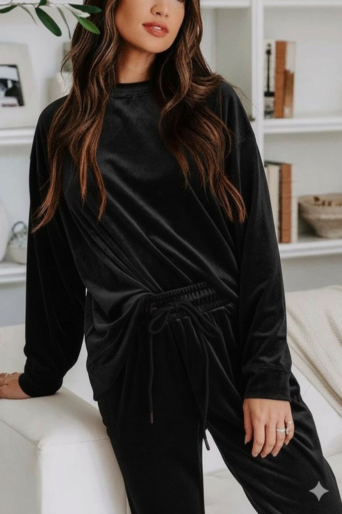 Women's Long-Sleeved Round Neck Velvet Blouse and Pants Set