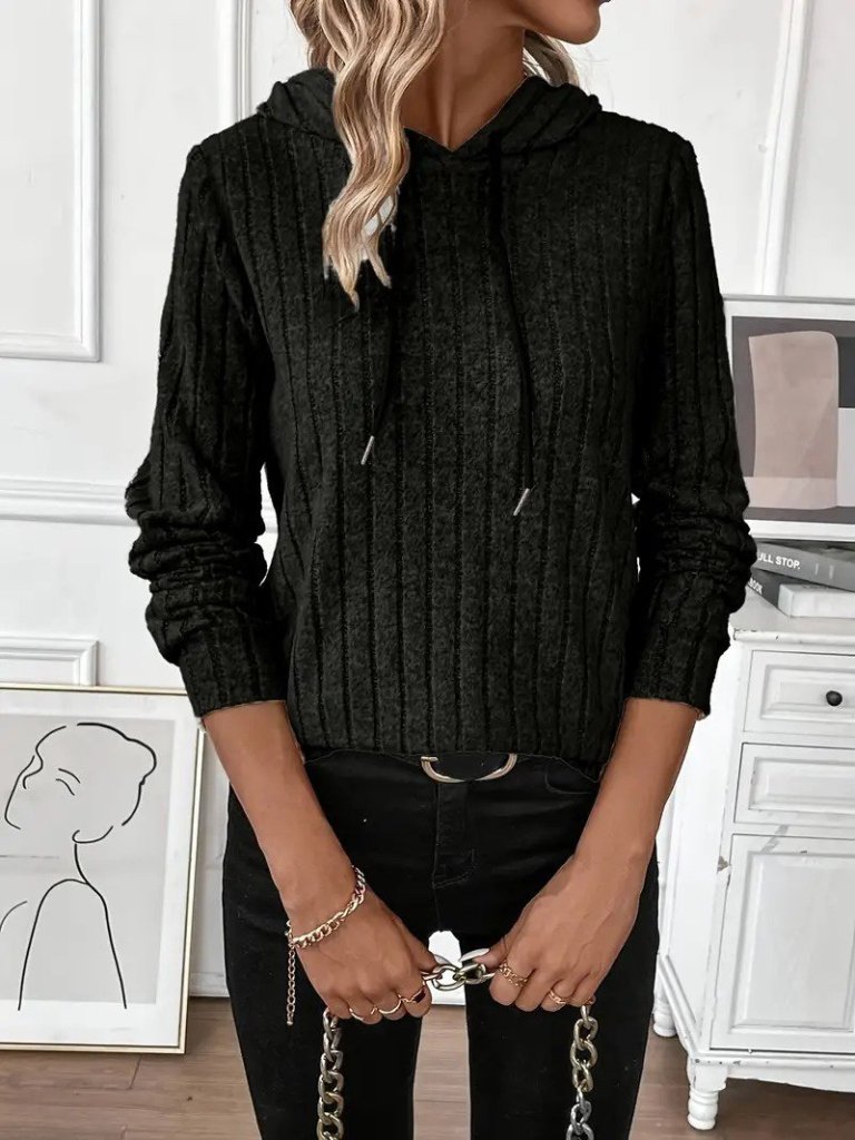 Women's Long Sleeve Hooded Lace-Up Fleece Ribbed Blouse