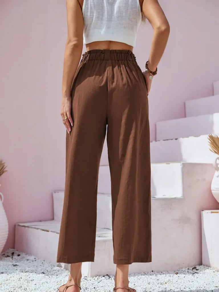 Women's Drawstring Waist Button Detail Short Wide Leg Linen Trousers