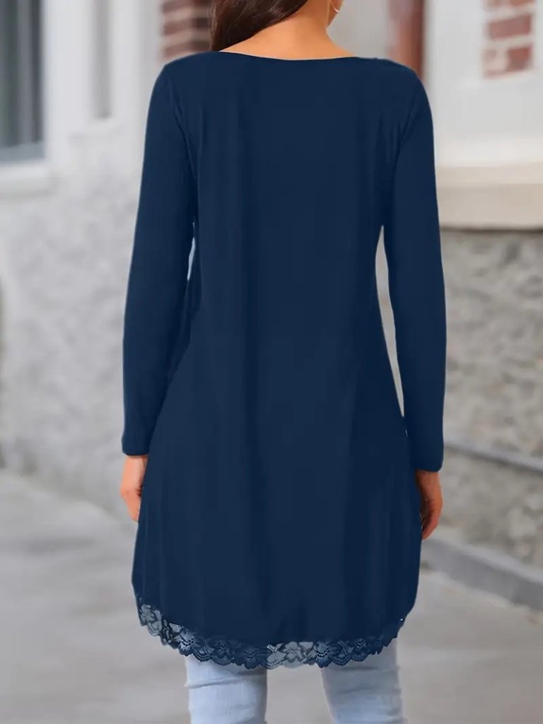 Women's Long Sleeve Crew Neck Asymmetrical Cut Detailed Lace Viscose Blouse