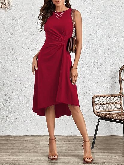 Women's Sleeveless Crew Neck Gathered Asymmetrical Hem Shimmer Crepe Dress