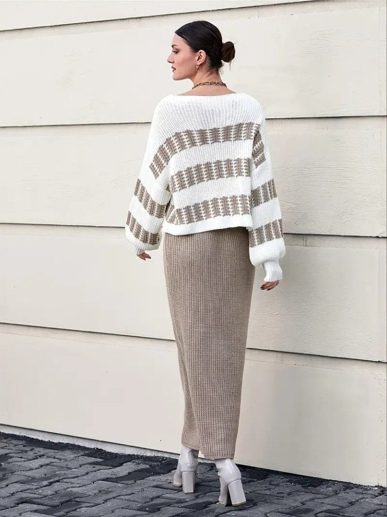Women's Long Sleeve Boat Neck Loose Knit Blouse and Skirt Two Piece Set