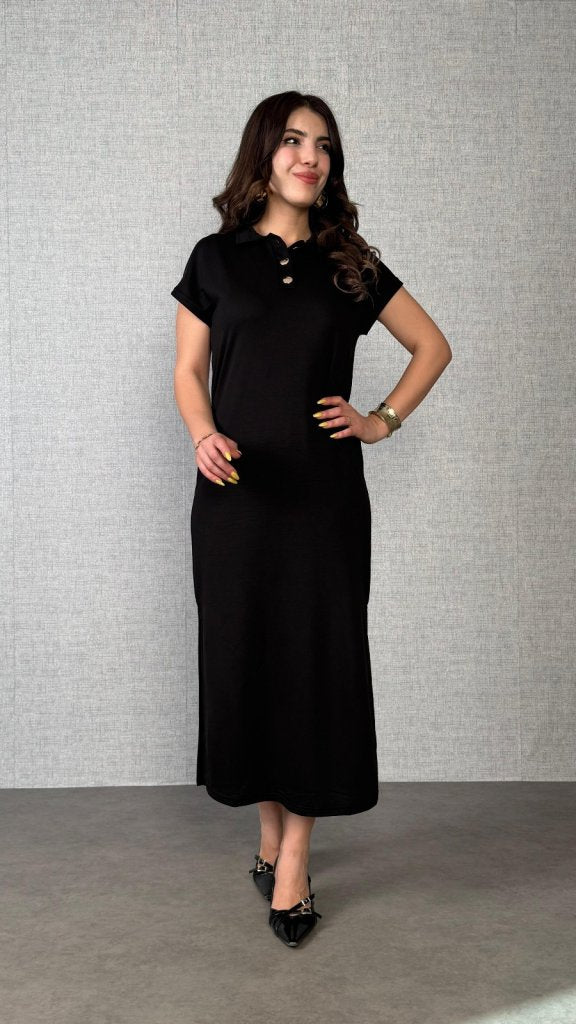 Women's Short-Sleeved Collared Side Slit Viscose Double-Thread Dress