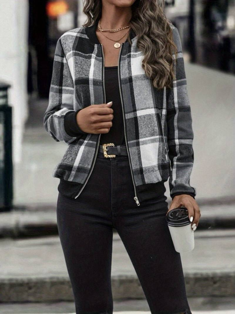 Women's Long Sleeve Front Zipper Plaid Pattern Jacket